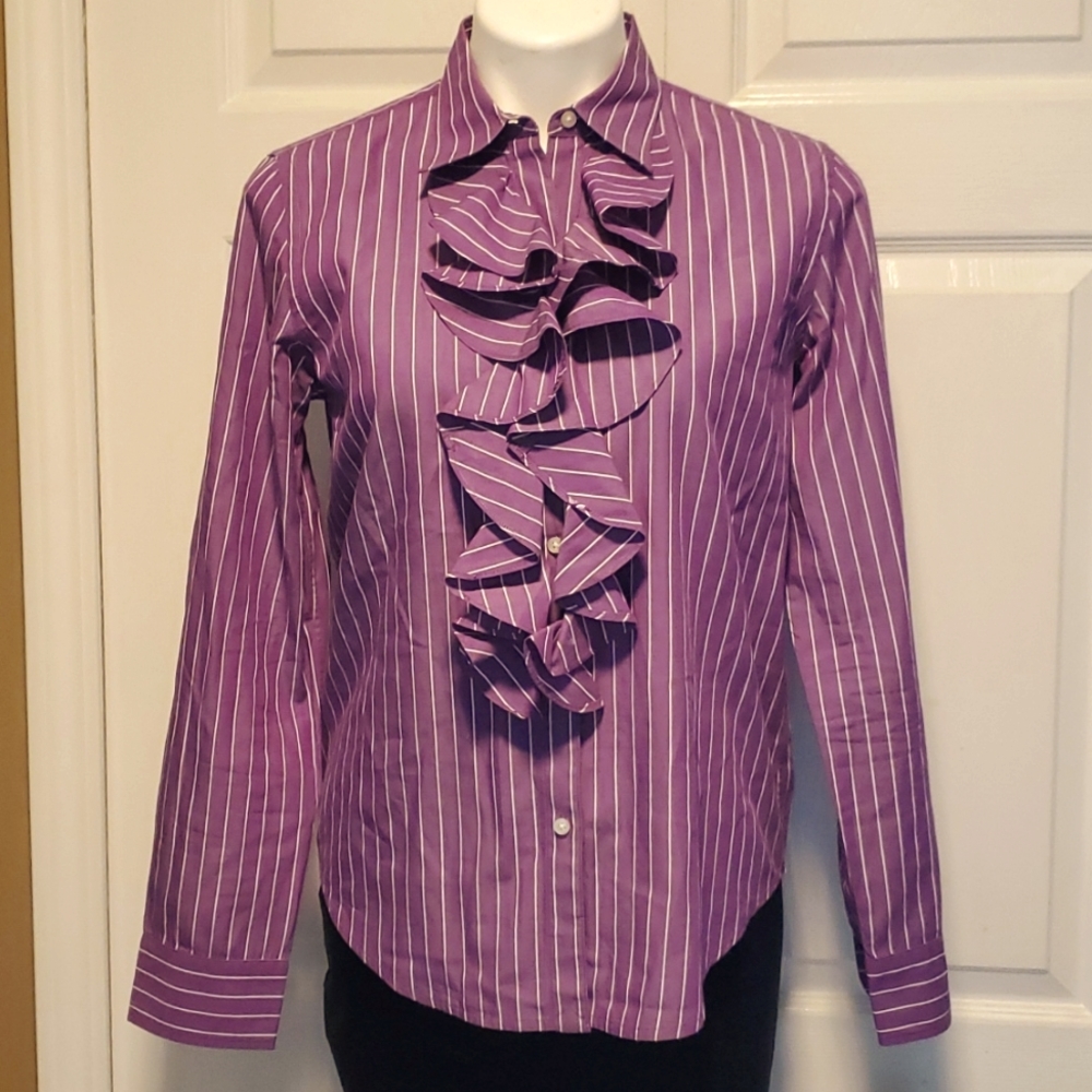 NWOT Chaps Ruffled Women's Button-Down Purple/White Striped Long Sleeve - Medium